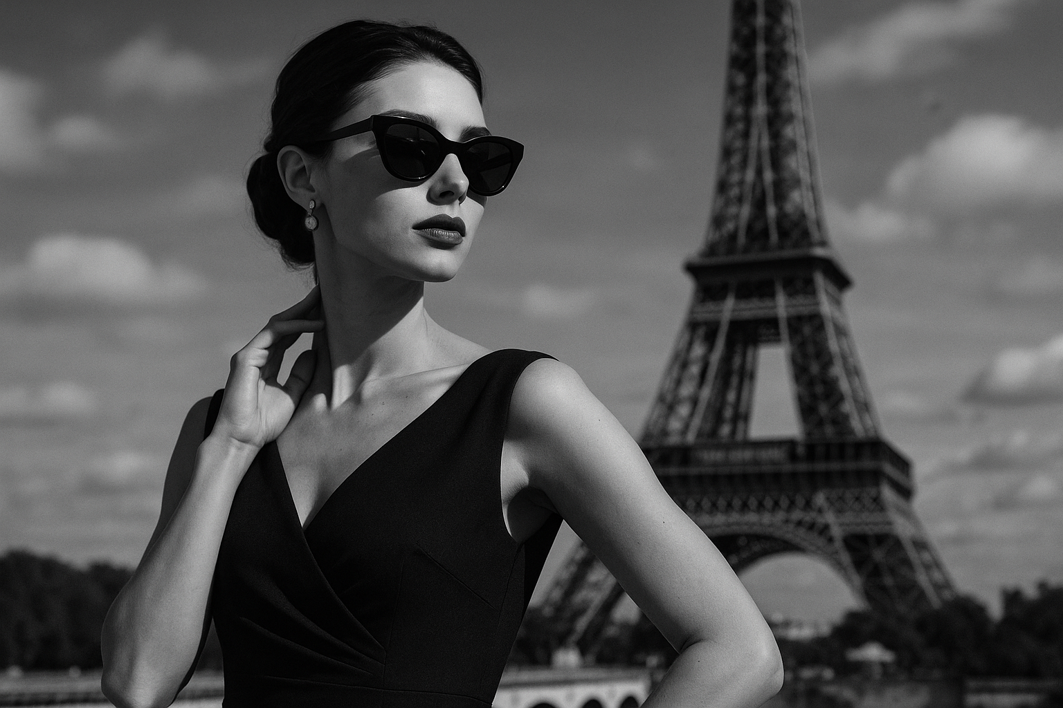 black & white female model wears black sunglasses in Paris Eiffel tower